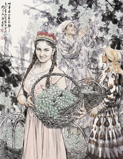 Miao Zaixin's Grapes are ripe in Turpan, one of his monumental traditional Chinese paintings on the lives of ethnic groups.