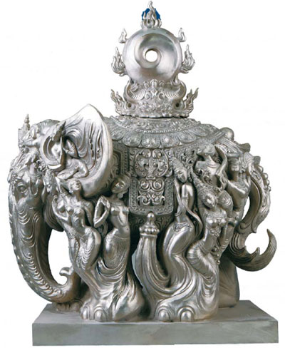 The bronze sculpture Auspicious Elephants is decorated with Buddhist nymphs and motifs.