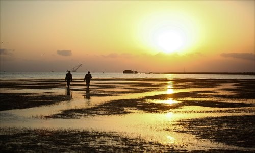 As the sun sets, Eagle IV officers patrol Dongtan wetlands to ensure that no trespassers are within the park's grounds. Photo: Cai Xianmin/GT 