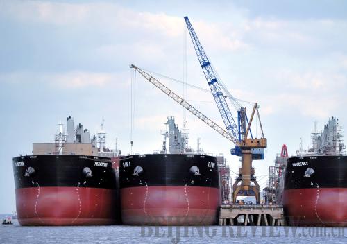 To be sailing: cargo ships being built in Nanjing, Jiangsu Province.