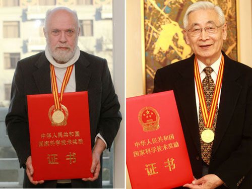 German mathematician Andreas Dress (left), Japanese metallurgist Toshihiko Emi (right) and six other experts from overseas won the International Cooperation Award in Science and Technology for their contribution to China's progress in science and technology. Ju Peng / Xinhua, and Cui Meng / China Daily 