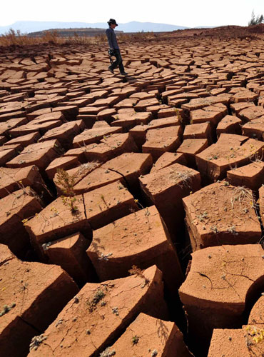 A man walks on a dried pond in Fanglang village in Yunnan, Feb 25, 2012.  [Photo/Xinhua]