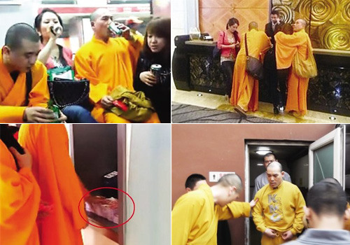 Two fake monks who were pictured on the Internet drinking and flirting with women have been detained by police on April 7 for improper behavior. [Photo: bjnews.com]