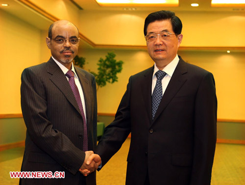 Chinese President Hu Jintao (R) meets with Ethiopian Prime Minister Meles Zenawi in Los Cabos, Mexico, June 17, 2012. (Xinhua/Lan Hongguang)