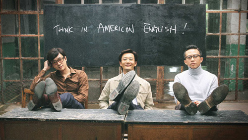 (from left to right) Actors Tong Dawei, Huang Xiaoming and Deng Chao are seen in Peter Chan's new film about three young people starting up an English language training school in 1980s China. [Photo: mtime.com]