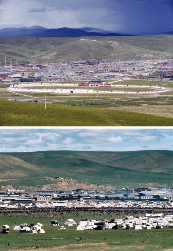 (Top) The current state of Nagqu county, Tibet autonomous region, August 5, 2012. (Bottom) The old iron sheet cityNagqu on July 8, 1987 in Tibet autonomous region. [Photo/Xinhua]  