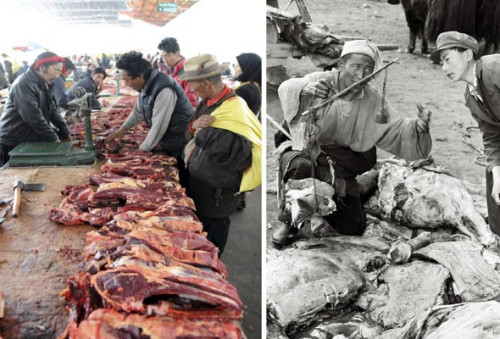 (Left) Locals purchase yak meat from a market in Nagqu prefecture, Tibet autonomous region on August 6. (Right) Locals purchase yak meat from the same market on July 8, 1987. [Photo/Xinhua]  