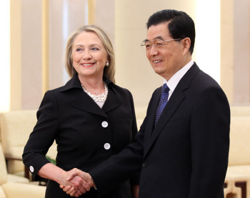 President Hu Jintao meets US Secretary of State Hillary Clinton at the Great Hall of the People on Wednesday morning in Beijing. Wu Zhiyi / China Daily