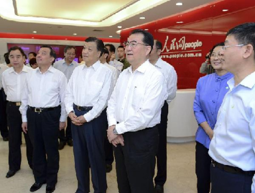 Li Changchun (2nd R, front), a member of the Standing Committee of the Political Bureau of the Communist Party of China (CPC) Central Committee, and Liu Yunshan (3rd R, front), a member of the Political Bureau of the CPC Central Committee and head of the 