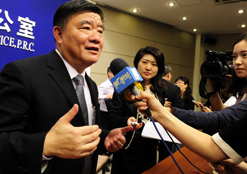 Minister of Health Chen Zhu is interviewed in Beijing on Monday after a news conference in which he explained national healthcare reform and development over the past decade.HE JUNCHANG / XINHUA