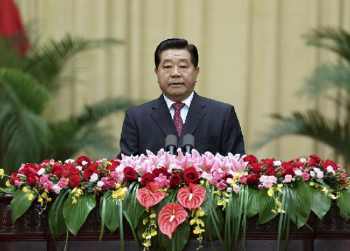 Jia Qinglin, chairman of the National Committee of the Chinese People's Political Consultative Conference (CPPCC), addresses a reception marking the 63rd anniversary of the founding of the People's Republic of China in Beijing, capital of China, Sept. 28,