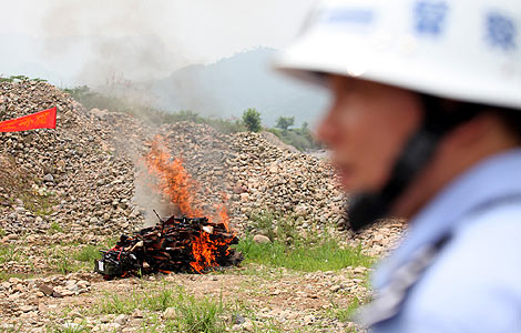 A policeman stands guard as illegal firearms are set on fire in Taizhou, Zhejiang province in this June 12, 2012 file photo. [Photo by Pan Kanjun/Asianewsphoto]