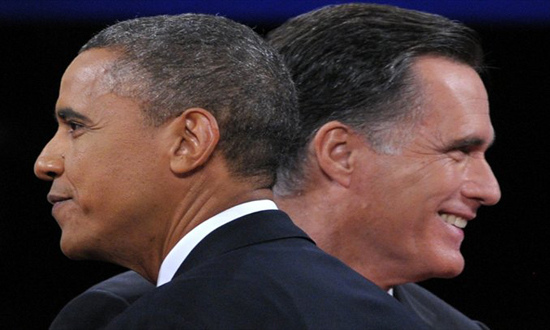 US President Barack Obama (L) greets Republican presidential candidate Mitt Romney (R) following the final presidential debate at Lynn University in Boca Raton, Florida, on Monday. (Photo: AFP)