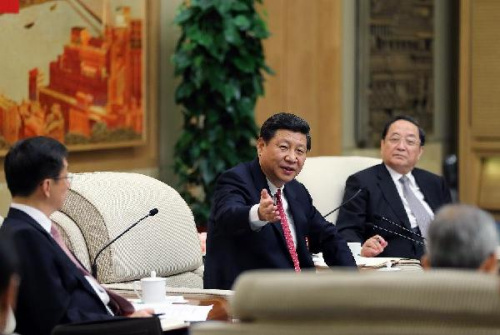 Xi Jinping (C) joins a panel discussion of Shanghai delegation to the 18th National Congress of the Communist Party of China (CPC) in Beijing, capital of China, Nov. 8, 2012. The 18th CPC National Congress was opened in Beijing on Thursday. (Xinhua/Lan Hongguang)