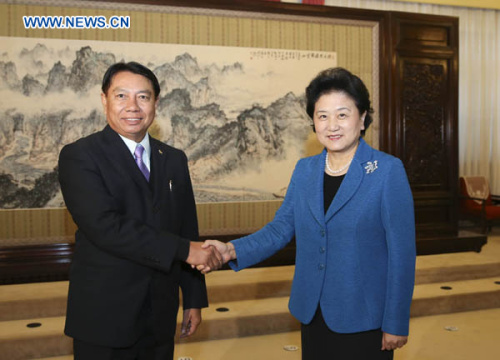 Chinese State Councilor Liu Yandong (R) meets with Myanmar's culture minister Aye Myznt Kyo in Beijing, Nov. 19, 2012. (Xinhua/Ding Lin)