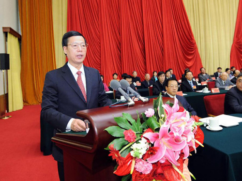 Zhang Gaoli, a member of the Standing Committee of the Political Bureau of the Communist Party of China (CPC) Central Committee, gives a congratulatory speech on behalf of the CPC Central Committee to mark the opening of the 11th National Congress of the China Democratic League (CDL) in Beijing, capital of China, Dec. 9, 2012. (Xinhua/Li Tao)