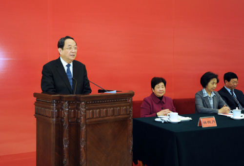 Yu Zhengsheng, a Standing Committee member of the Political Bureau of the Central Committee of the Communist Party of China, makes remarks on the opening ceremony of the 9th national congress of Taiwan compatriots in Beijing, capital of China, Dec. 17, 2012. (Xinhua/Li Tao)