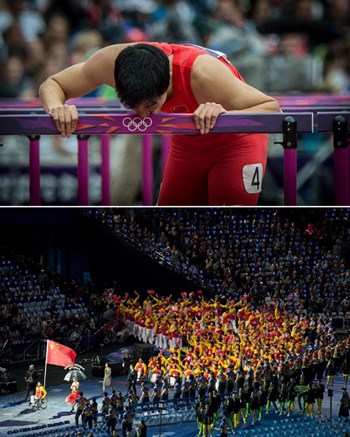 Top: Liu Xiang kisses the last hurdle in his lane during his men's 110m hurdles round 1 heat at the London 2012 Olympic Games at the Olympic Stadium, Aug 7, 2012. Bottom: Chinese delegation parades into the stadium during the opening ceremony of the London Paralympic Games in London, Aug 29, 2012. [Photo/Xinhua]