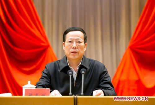 Zhang Gaoli, a member of the Standing Committee of the Political Bureau of the Communist Party of China (CPC) Central Committee, addresses a high-profile workshop attended by new CPC Central Committee members and alternate members elected at the 18th CPC National Congress in November last year in Beijing, capital of China, Jan. 6, 2013. (Xinhua/Huang Jingwen)