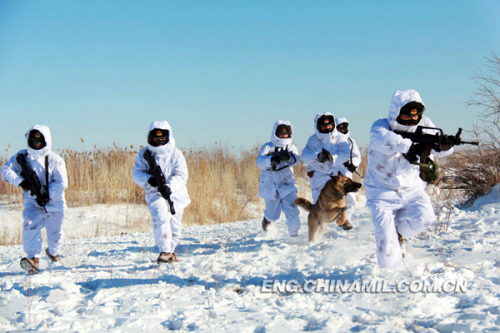 The officers and men of a frontier defense unit under the Xinjiang Military Area Command (MAC) of the Chinese Peoples Liberation Army (PLA) are patrolling with new-type snowfield cold-proof camouflage outerwear. (chinamil.com.cn/Sun Xingwei)