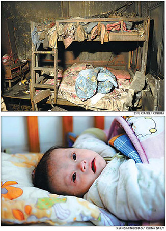 Top: The scene at Yuan Lihai's orphanage after the fire. Above: An infant with Down's Syndrome is one of 10 children who have now settled down at Kaifeng Welfare Home. Xiang Mingchao / China Daily 