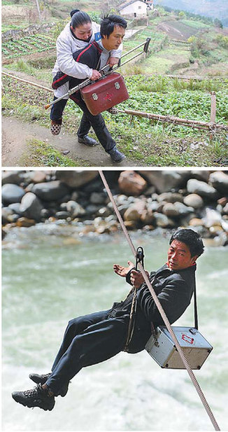 Top: Zhou Yuehua, 43, from Chongqing, who has difficulty walking, visits her patients every day with the help of her husband Ai Qi. (Chen Cheng / Xinhua) <p>Above: Deng Qiandui, a village doctor in Nujiang prefecture, Yunnan province has spent 28 years accessing his patients by sliding across the Nujiang river. (Pan Wenhai / Xinhua)</p>