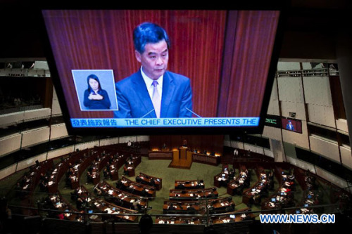 Hong Kong Special Administrative Region (HKSAR) Chief Executive CY Leung delivers his first policy address at the Legislative Council in south China's Hong Kong, Jan. 16, 2013. (Xinhua/Lui Siu Wai)