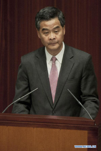 Hong Kong Special Administrative Region (HKSAR) Chief Executive CY Leung delivers his first policy address at the Legislative Council in south China's Hong Kong, Jan. 16, 2013. (Xinhua/Lui Siu Wai)