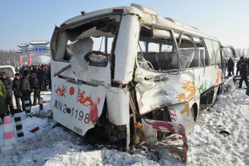 Ten people were killed and 37 injured when a train collided with the bus on Monday in Heihe, Heilongjiang province. Chen Hao / for China Daily