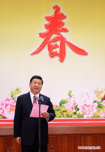 Xi Jinping, general secretary of the Central Committee of the Communist Party of China and chairman of the Central Military Commission, presides over a Spring Festival reception held by the Central Committee of the Communist Party of China and the State Council (Cabinet) at the Great Hall of the People in Beijing, capital of China, Feb 8, 2013. [Photo/Xinhua]