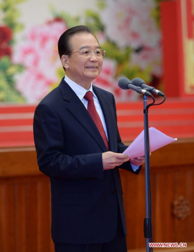 Chinese Premier Wen Jiabao addresses a Spring Festival reception held by the Central Committee of the Communist Party of China and the State Council (Cabinet) at the Great Hall of the People in Beijing, capital of China, Feb 8, 2013. [Photo/Xinhua]