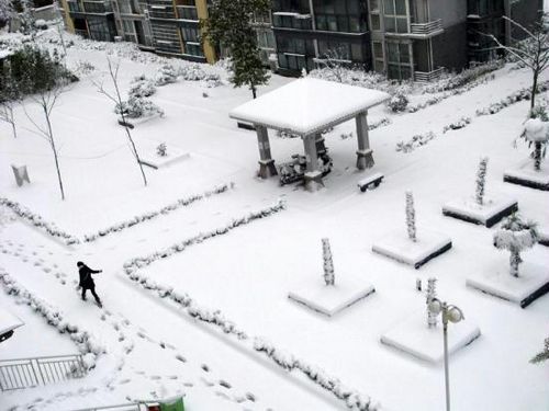 A citizen walks on a snowy road in Nanjing, capital of east China's Jiangsu Province, Feb. 19, 2013. A snowstorm hit Jiangsu province on Feb. 19 morning and local meteorological bureau has issued a blue alert for the snowfall. (Xinhua/Liu Jianhua) 