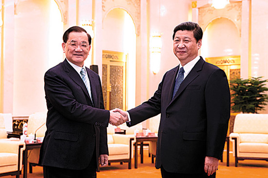 Party chief Xi Jinping meets Lien Chan, the honorary chairman of the Kuomintang, at the Great Hall of the People in Beijing on Monday. [Sheng Jiapeng / China News Service]