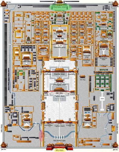 As showed by a map of the Palace Museum, the yellow oval spot is the Meridian Gate (Wu men), the red oval spot is the West Glorious Gate (Xihua men) and the green oval spot is the Gate of Divine Prowess (Shenwu men).[Photo/dpm.org.cn]