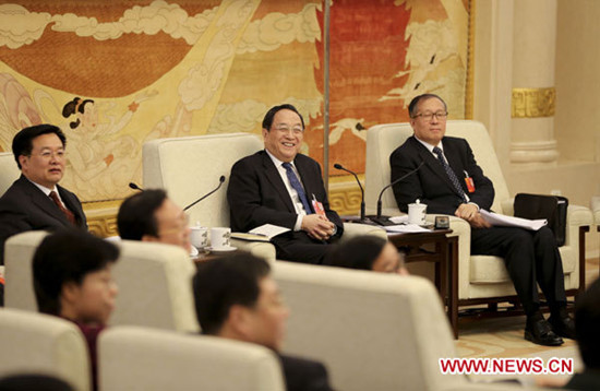 In this file photo taken on March 5, 2013, Yu Zhengsheng (2nd R) joins a panel discussion of deputies to the first session of the 12th National People's Congress (NPC) from central China's Hubei Province, in Beijing, capital of China. (Xinhua/Ding Lin)