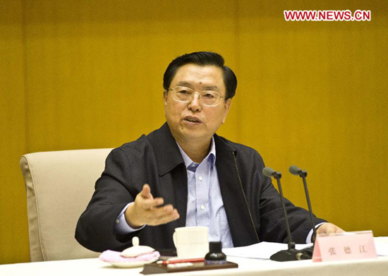 In this file photo taken on Jan. 17, 2013, Zhang Dejiang addresses a national conference on work safety in Beijing, capital of China. (Xinhua)