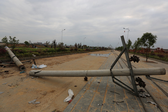 Telegraph poles blown down by the storm in Daoxian. PHOTO BY GUO GUOQUAN / FOR CHINA DAILY