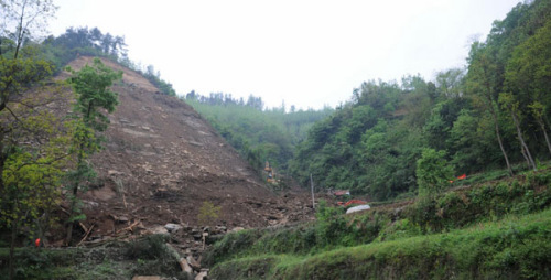 Photo taken on April 23, 2013 shows the accident site of a landslide in Qinggangpo township of Sinan county, Southwest China's Guizhou province. [Photo/Xinhua]