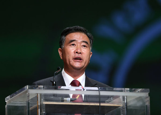 Vice-Premier Wang Yang speaks at the celebration of the African Union's 50th anniversary in Addis Ababa, Ethiopia, on Saturday. Meng Chenguang / Xinhua