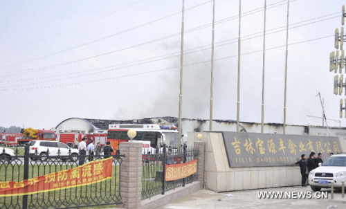 Photo taken on June 3, 2013 shows the accident site after a fire occurred at the Jilin Baoyuanfeng Poultry Company in Mishazi Township of Dehui City, northeast China's Jilin Province. (Xinhua/Wang Haofei)