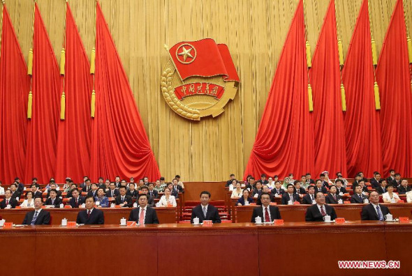 Chinese top leaders Xi Jinping, Li Keqiang, Zhang Dejiang, Yu Zhengsheng, Liu Yunshan, Wang Qishan and Zhang Gaoli attend the opening ceremony of the 17th national congress of the Communist Youth League of China (CYLC), in Beijing, capital of China, June 17, 2013. (Xinhua/Liu Weibing)