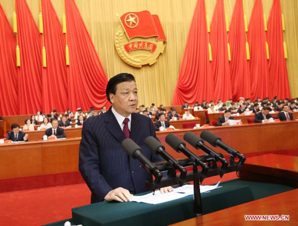 Liu Yunshan, a member of the Standing Committee of the Political Bureau of the Communist Party of China (CPC) Central Committee, delivers a keynote speech to extend the CPC Central Committee's congratulations to the 17th national congress of the Communist Youth League of China (CYLC), in Beijing, capital of China, June 17, 2013. The 17th national congress of the CYLC was opened here on June 17. (Xinhua/Liu Weibing) 