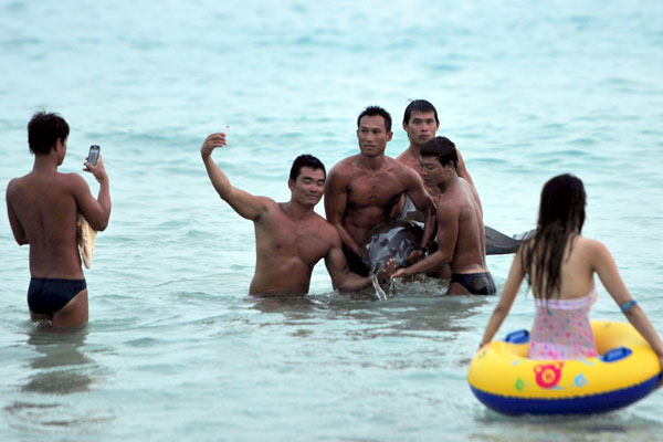 Several swimmers lift a dying dolphin out of the water for a photo shoot on a beach in Sanya, Hainan province, on Sunday evening. SHA XIAOFENG / FOR CHINA DAILY  