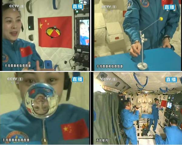 Wang Yaping, the second Chinese woman in space, demonstrated how a variety of objects  from a spinning toy to a bubble of water  behave in space. Xinhua