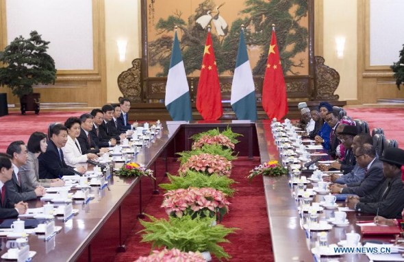 Chinese President Xi Jinping (4th L) holds talks with Nigerian President Goodluck Jonathan (4th R) in Beijing, capital of China, July 10, 2013. (Xinhua/Huang Jingwen) 