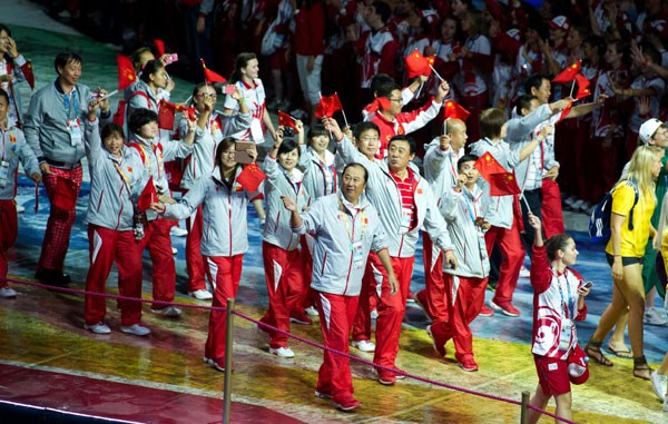 Chinese delegation at the closing ceremony of the 27th Kazan Universiade in Kazan, Russia, July 17, 2013. [Photo/Xinhua]