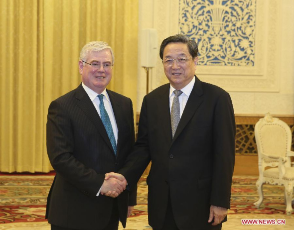 Yu Zhengsheng(R), chairman of the National Committee of the Chinese People's Political Consultative Conference, meets with Irish Deputy Prime Minister and Minister for Foreign Affairs and Trade Eamon Gilmore in Beijing, capital of China, July 31, 2013. (Xinhua/Ding Lin)