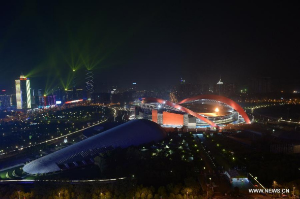 The flame burns after the opening ceremony of the 2013 Asian Youth Games in Nanjing, capital of east China's Jiangsu Province, on Aug. 16, 2013. (Xinhua/Zhou Mi)