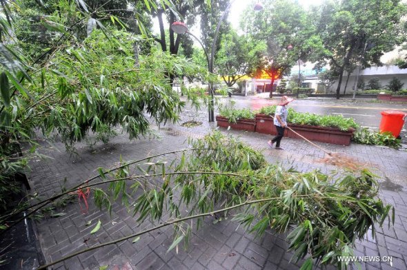 A cleaner clears up the road by which the bamboos are blown down by wind at Guping Road in Fuzhou City, capital of southeast China's Fujian Province, Aug. 22, 2013. Trami, the 12th tropical storm hitting China this year, landed at 2:40 a.m. in Fuqing City of the province, packing strong winds of 35 meters per second at the storm center, according to the Fujian provincial meteorological observatory. (Xinhua/Peng Zhangqing)