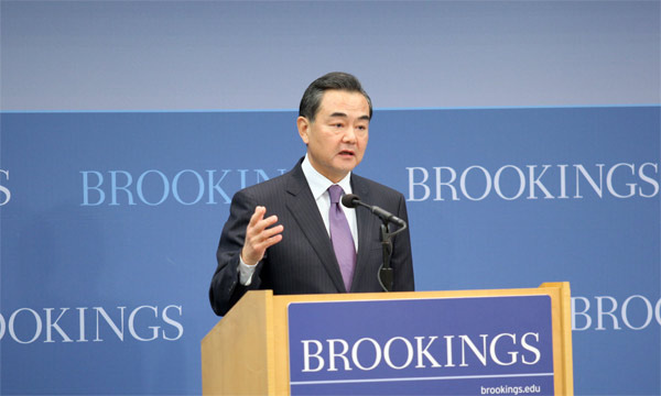 Chinese Foreign Minister Wang Yi delivers a speech at the Brookings Institution in Washington DC on Friday evening local time. [Sun Chenbei/China Daily]